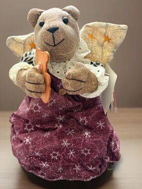 HOMESPUN CHRISTMAS Animated Tree Topper Angel Bear Moves Music Light Sensors NEW